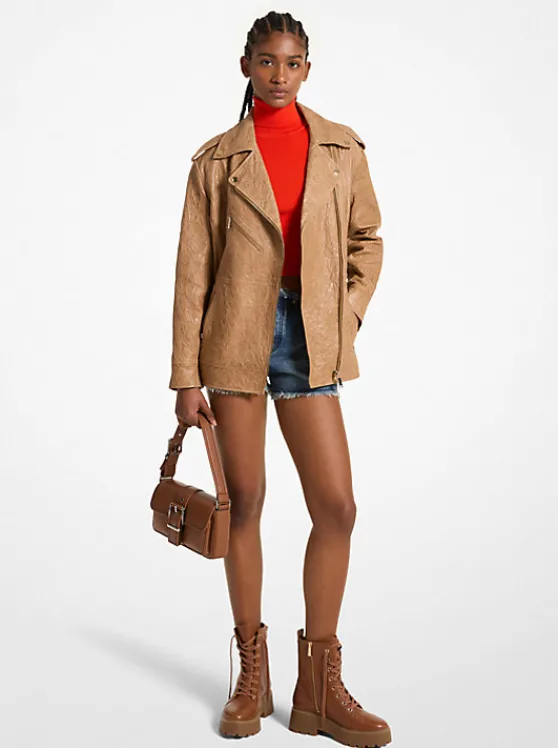 Michael Kors Oversized Crinkled Leather Moto Jacket DARKCAMEL Hot