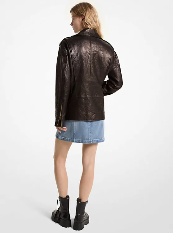 Michael Kors Oversized Crinkled Leather Moto Jacket BLACK Shop