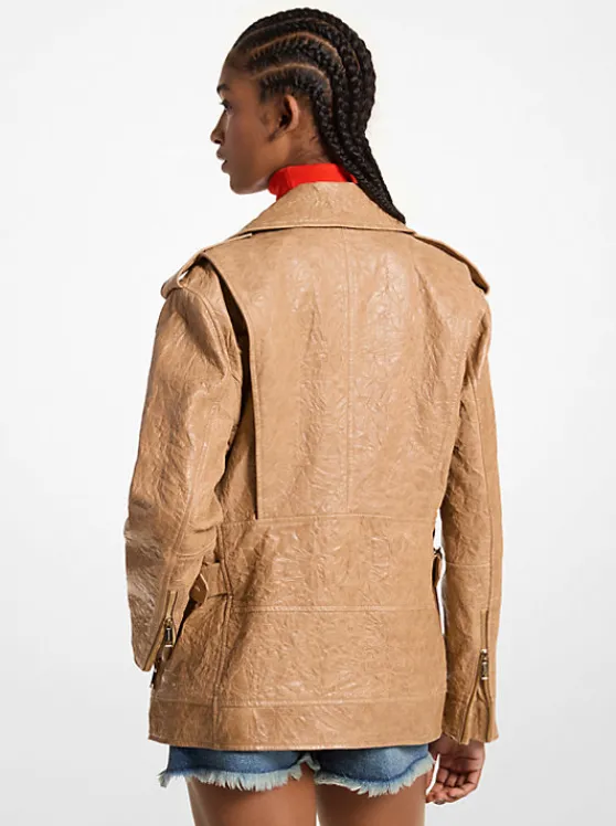 Michael Kors Oversized Crinkled Leather Moto Jacket DARKCAMEL Hot