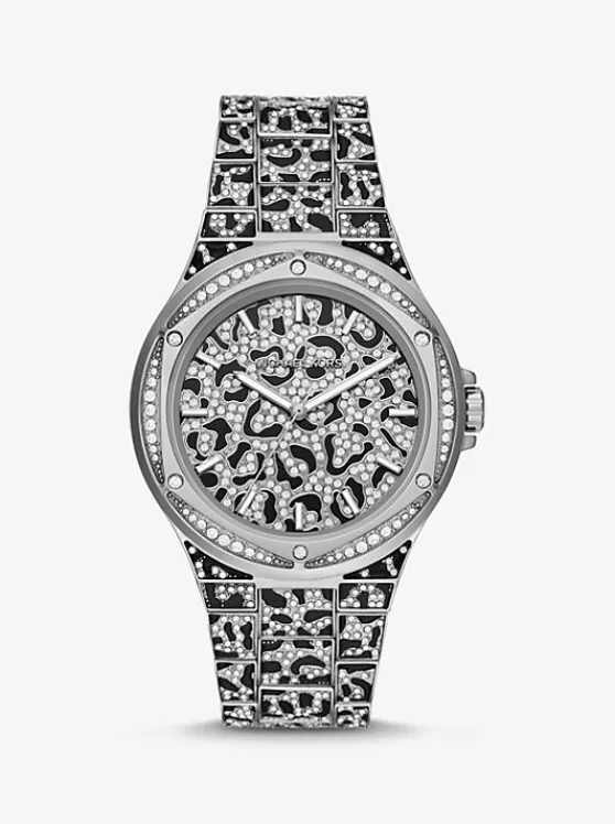 Michael Kors Oversized Lennox Animal Pavé -Tone Watch SILVER New