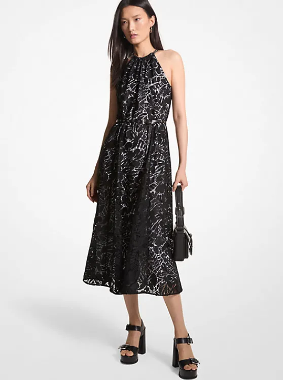 Michael Kors Palm Lace Belted Halter Dress BLACK Cheap