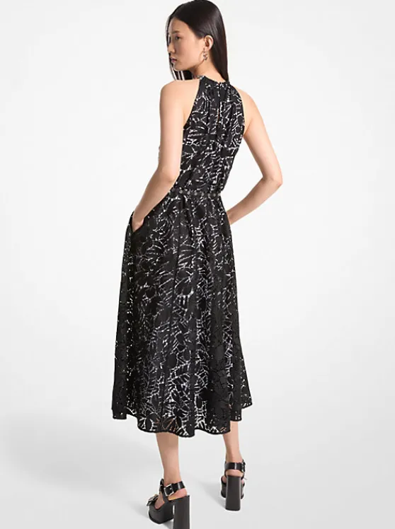 Michael Kors Palm Lace Belted Halter Dress BLACK Cheap