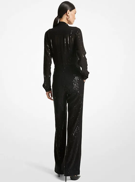 Michael Kors Pinstripe Sequined Georgette Jumpsuit BLACK Online