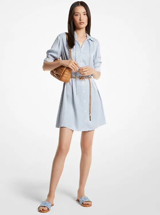 Michael Kors Pinstriped Satin Belted Shirtdress BLUEBERRY Clearance