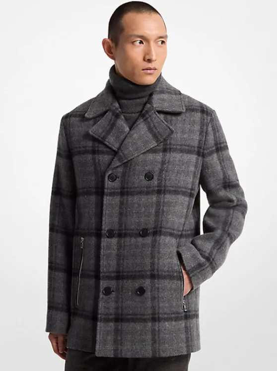 Michael Kors Plaid Textured Wool Blend Peacoat BLACK New