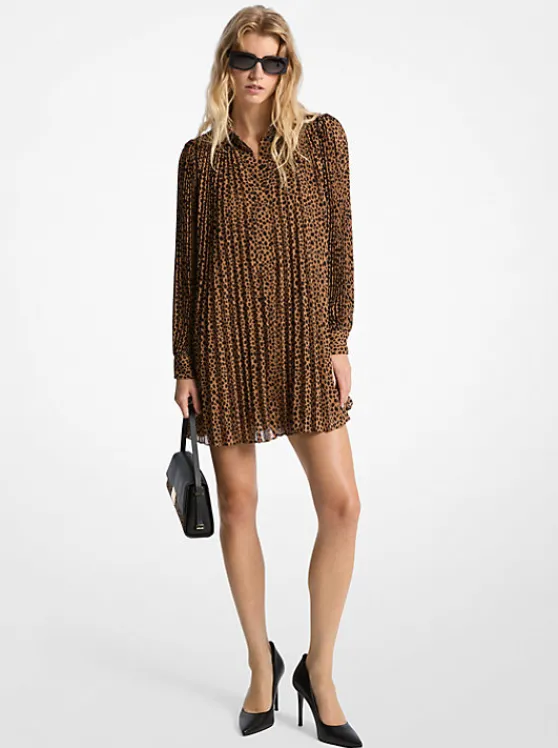 Michael Kors Pleated Cheetah Print Georgette Dress CAFE New