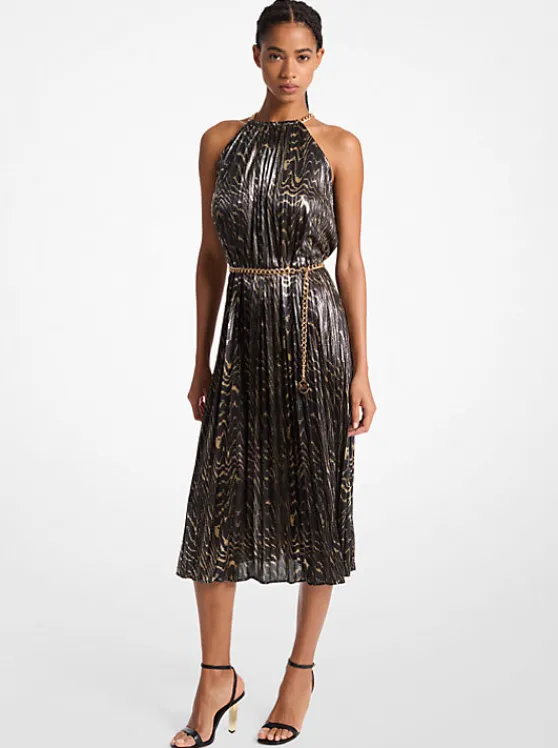 Michael Kors Pleated Metallic Halter Dress BLACK/GOLD Store