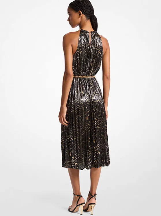 Michael Kors Pleated Metallic Halter Dress BLACK/GOLD Store