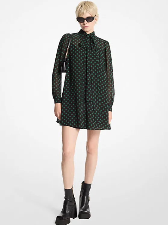 Michael Kors Polka Dot Georgette Tie-Neck Dress MOSS New