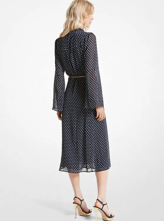 Michael Kors Polka Dot Georgette Tie-Neck Midi Dress MIDNIGHTBLUE Sale