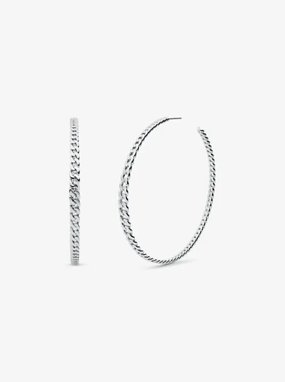 Michael Kors Precious Metal-Plated Brass Curb Link Hoop Earrings SILVER Fashion