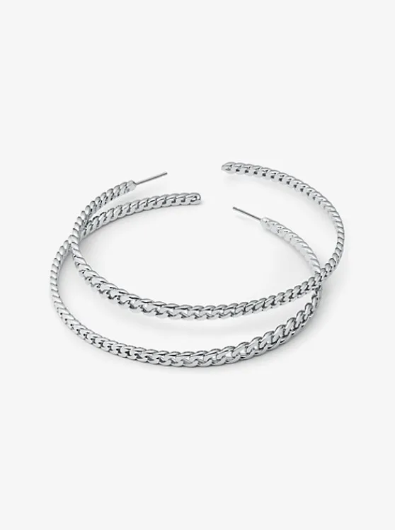 Michael Kors Precious Metal-Plated Brass Curb Link Hoop Earrings SILVER Fashion