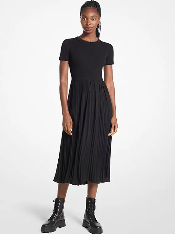 Michael Kors Ribbed Knit and Woven Dress BLACK Shop