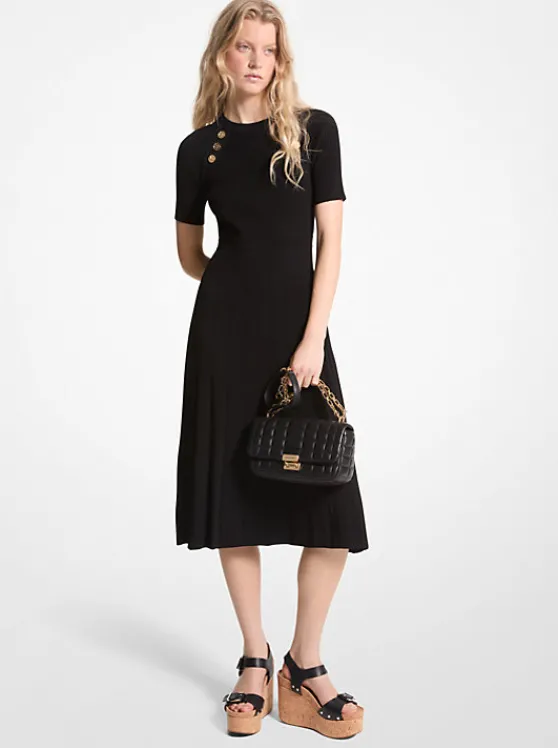 Michael Kors Ribbed Stretch Knit Button Midi Dress | BLACK Cheap