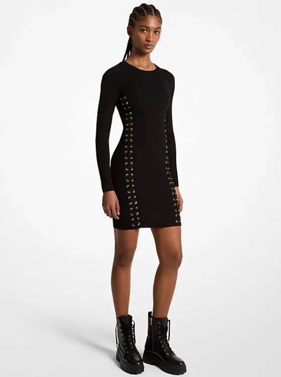 Michael Kors Ribbed Stretch Knit Lace-Up Dress BLACK Cheap