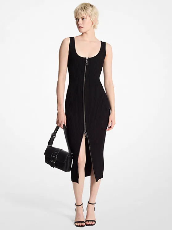 Michael Kors Ribbed Stretch Knit Zip Dress BLACK Online