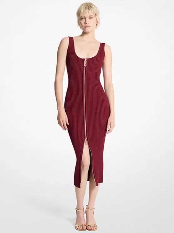 Michael Kors Ribbed Stretch Knit Zip Dress DARKBRANDY Clearance