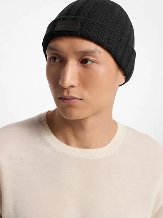 Michael Kors Ribbed Wool Beanie Hat BLACK Fashion