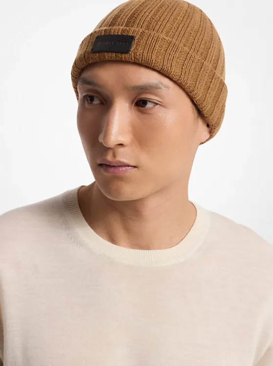 Michael Kors Ribbed Wool Beanie Hat CARAMEL Outlet