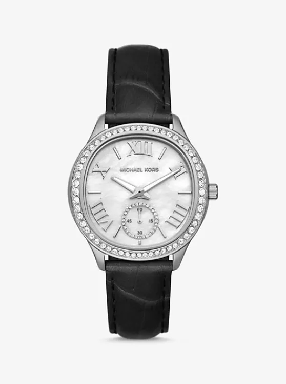 Michael Kors Sage Pavé Silver-Tone and Crocodile Embossed Leather Watch BLACK Clearance