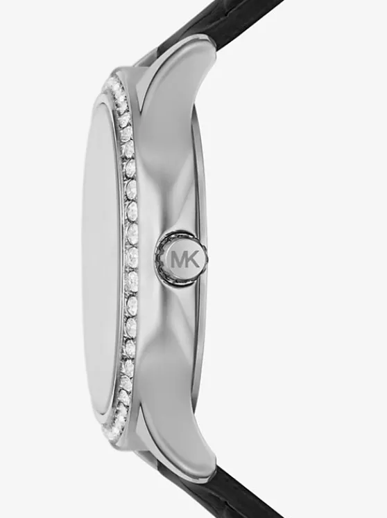 Michael Kors Sage Pavé Silver-Tone and Crocodile Embossed Leather Watch BLACK Clearance