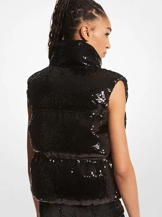 Michael Kors Sequined Ciré Quilted Puffer Vest BLACK Clearance