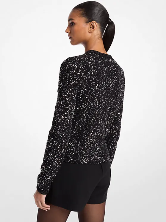 Michael Kors Sequined Metallic Stretch Knit Jacket BLACK/SILVER Best Sale