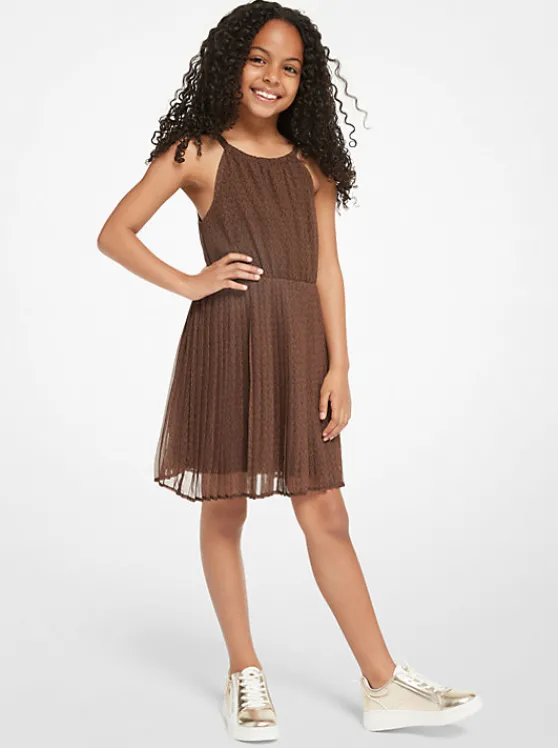 Michael Kors Signature Logo Print Pleated Dress CHOCOLATE Fashion