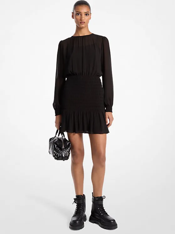 Michael Kors Smocked Georgette Long Sleeve Dress BLACK Best