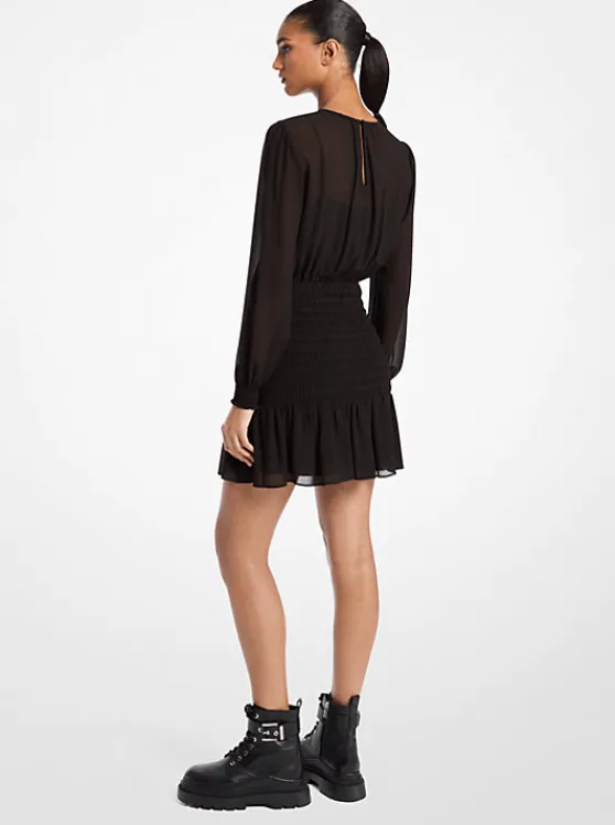 Michael Kors Smocked Georgette Long Sleeve Dress BLACK Best