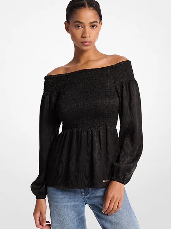 Michael Kors Smocked Moiré Jacquard Off-The-Shoulder Top BLACK Clearance