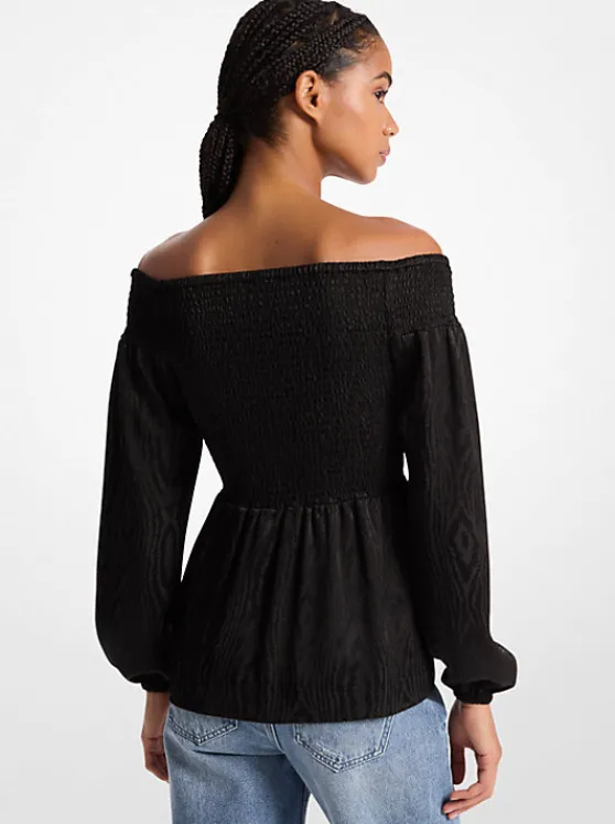 Michael Kors Smocked Moiré Jacquard Off-The-Shoulder Top BLACK Clearance