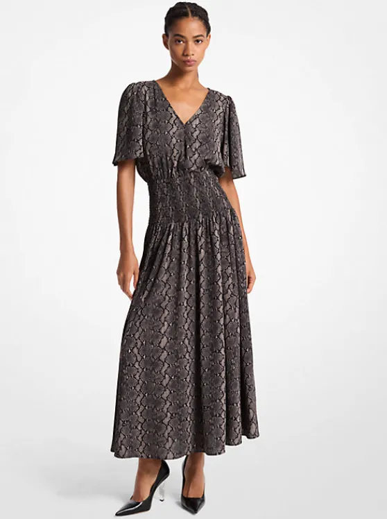 Michael Kors Snake Print Crepe Midi Dress BLACK Discount