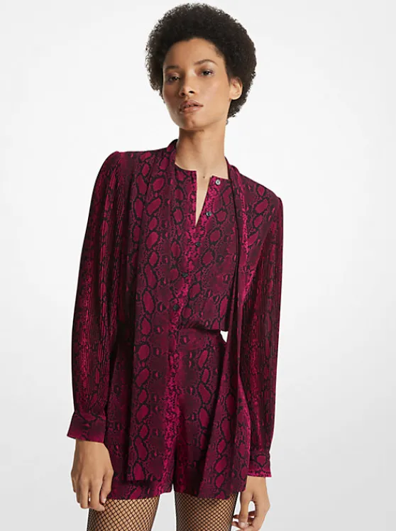 Michael Kors Snake Print Georgette Neck-Tie Romper DEEPFUCHSIA Sale