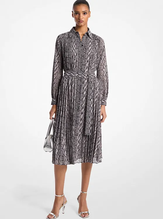 Michael Kors Snake Print Georgette Pleated Shirtdress BLACK Store