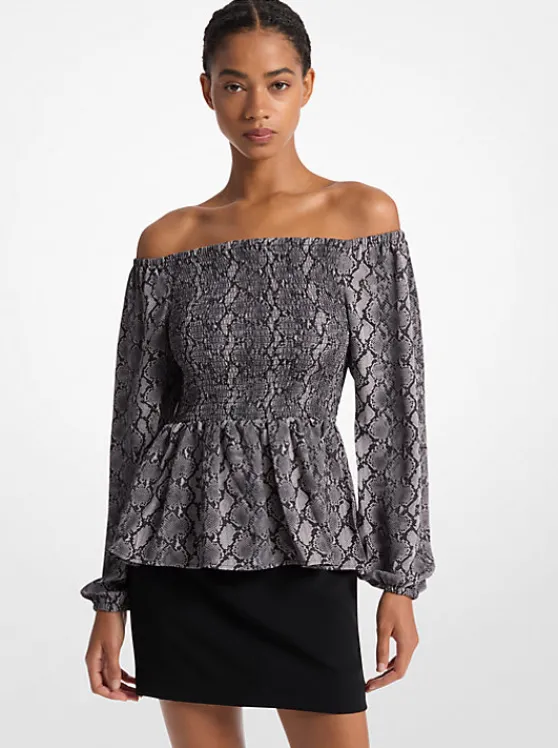 Michael Kors Snake Print Satin Back Crepe Off-The-Shoulder Blouse BLACK Cheap