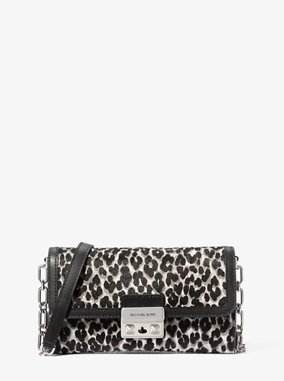 Michael Kors Tribeca Large Leopard Print Calf Hair Convertible Crossbody Bag BLACKCOMBO Cheap