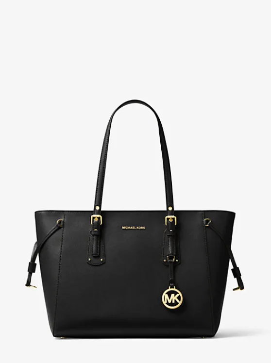 Michael Kors Voyager Medium Crossgrain Leather Tote Bag BLACK Flash Sale