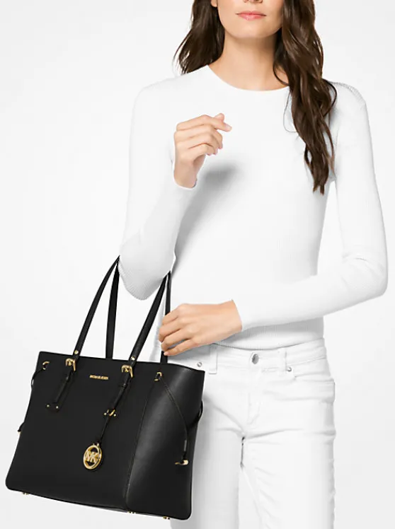 Michael Kors Voyager Medium Crossgrain Leather Tote Bag BLACK Flash Sale