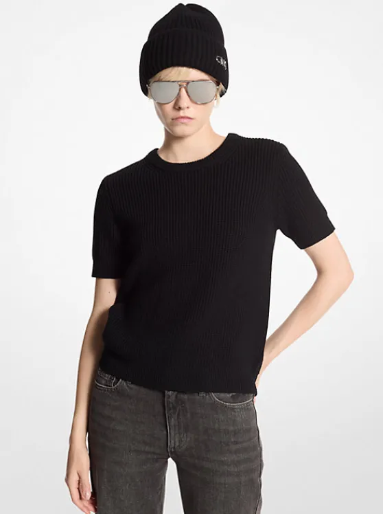 Michael Kors Wool Short-Sleeve Sweater BLACK Fashion